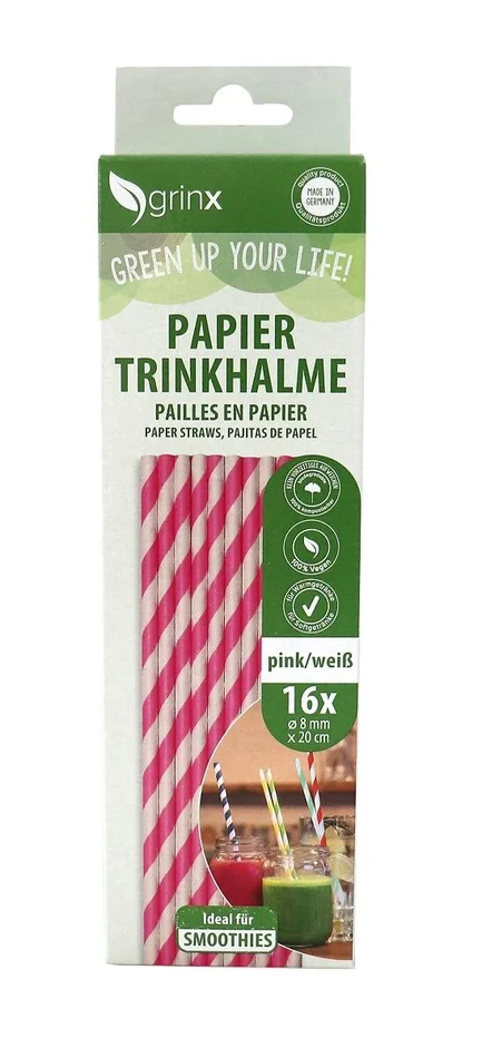 16 Papiertrinkhalme für Smoothie, ø 8 mm, 20 cm (weiß/pink)