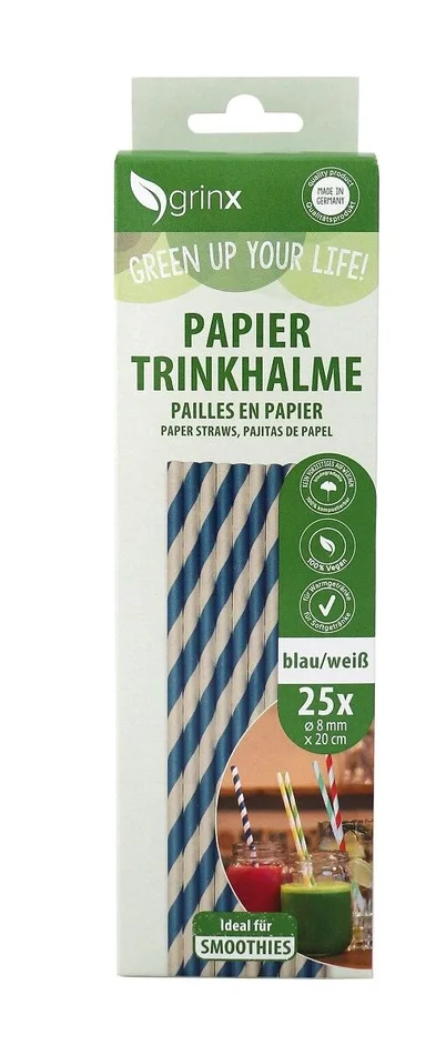 25 Papiertrinkhalme Smoothie, ø 8 mm, 20 cm (weiß/blau)