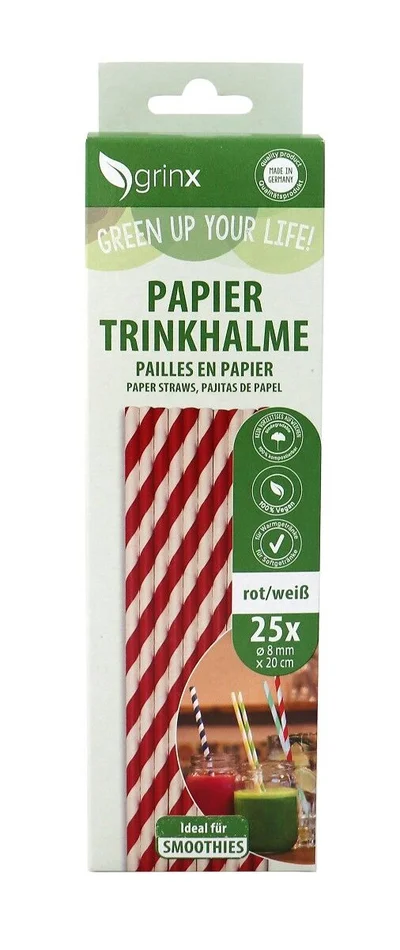 25 Papiertrinkhalme Smoothie, ø 8 mm, 20 cm (weiß/rot)