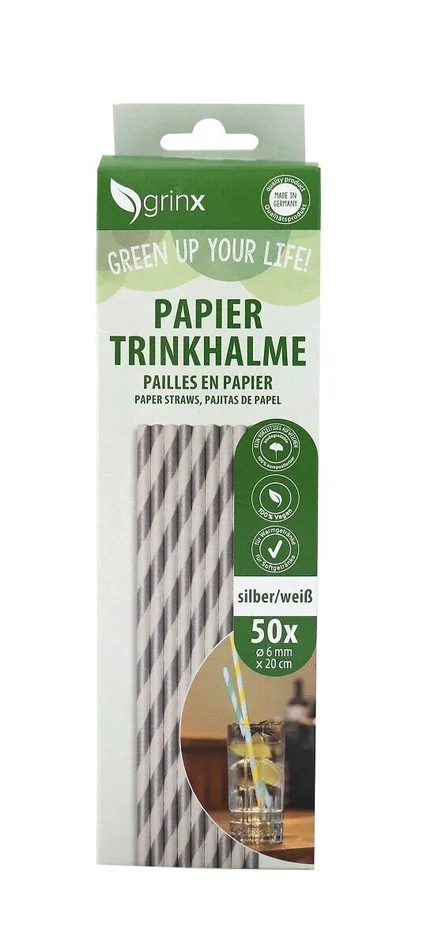 50 Papiertrinkhalme, ø 6 mm, 20 cm (weiß/silber)