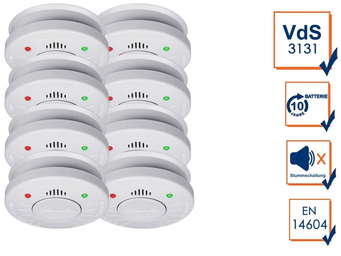 8er SET Rauchmelder 10 Jahres Batterie – VdS Zertifiziert & Stummschaltfunktion