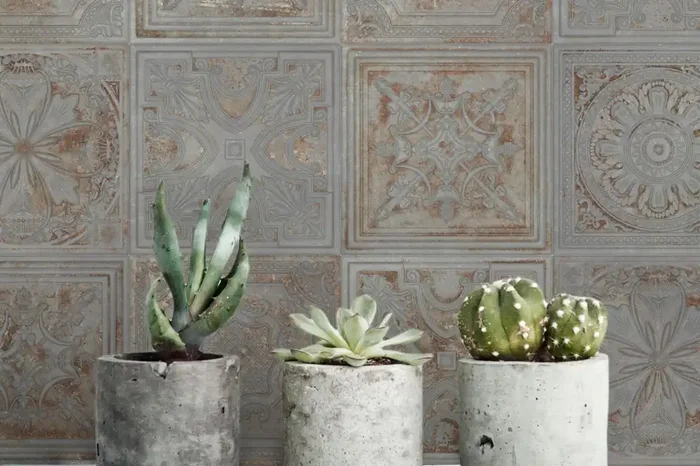 ABVERKAUF Antike Wandfliese Kachelofen-Fliese grau 20×20 cm „Gatsby Charcoal Tin“ Vintage orientalisch