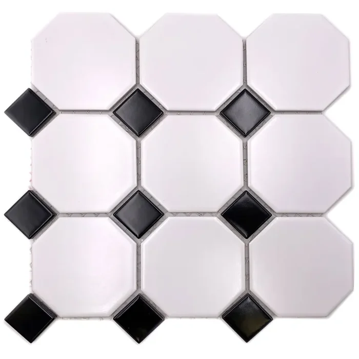 Achteck-Mosaikfliesen Oktagon weiß-schwarz 30×30 cm netzverklebt große Ausführung