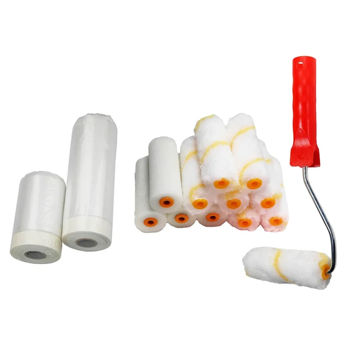 Anstreichset 15 tlg Steckbügel Schaumwalze Plüschwalze + Malerkreppband mit Abdeckfolie