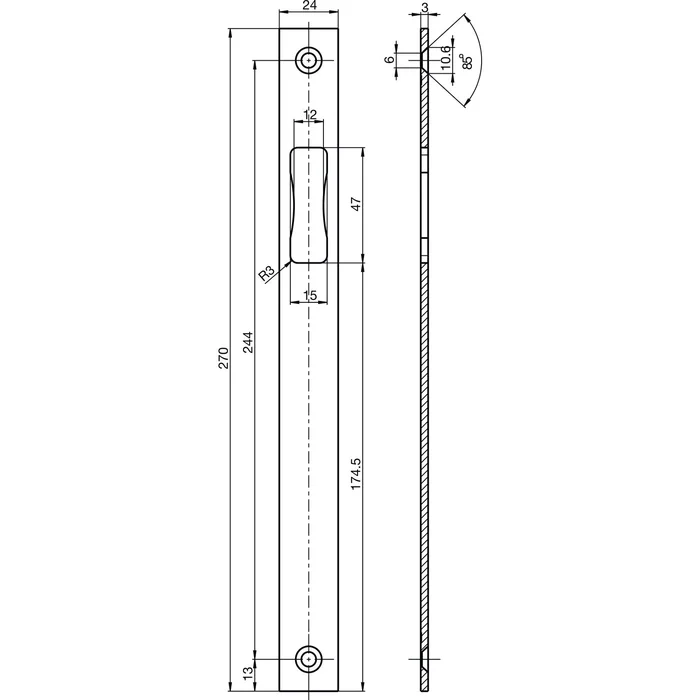BKS Schließblech B 9000 1046, 270 x 24 mm, nur Falle, flach eckig