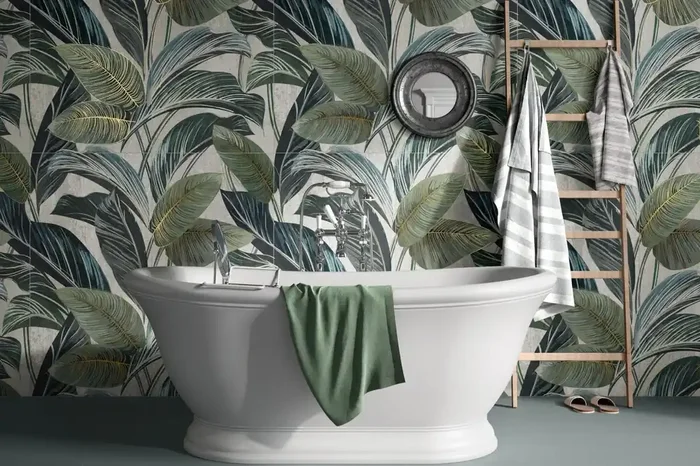 Dekorfliese Urban Jungle Pflanzen Wandbild Dschungel „Showall White Leaf“ 120×120 cm A+B Komposition