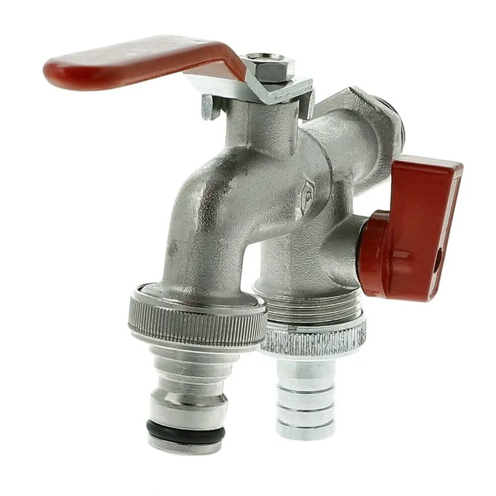 Doppel-Kugelauslaufhahn 1/2″ AG mit 2 Tüllen 3/4″