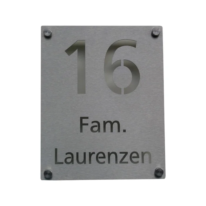 Edelstahl Schild Hausnummer und Name ausgelasert, Größe 20 x 25 cm