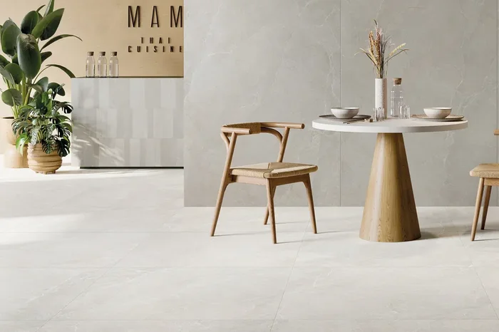 Fliese edle Steinoptik weiß 100×100 cm „Stone White“ rektifiziert