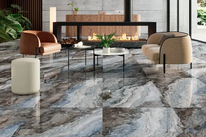 Fliese Marmoroptik blau schwarz marmoriert 60×120 cm glänzend „Mystic Ocean poliert“