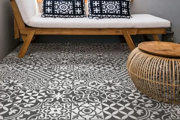 Fliese Patchwork Dekor Zementoptik schwarz 20×20 cm „Contrasti Antracite Decoro Mix“ Ragno by Marazzi