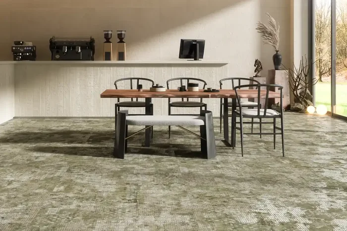 Fliese raffinierte Teppichoptik 100×100 cm „Rug Green“ mit Textileffekt & Ornamenten grün