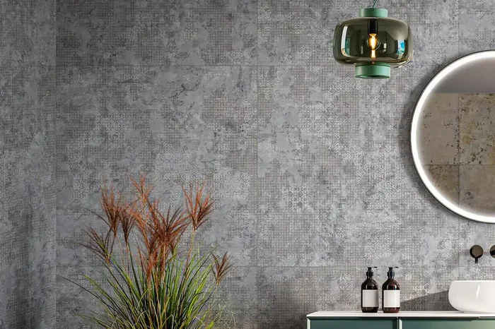 Fliese raffinierte Teppichoptik 100×100 cm „Rug Grey“ mit Textileffekt & Ornamenten grau