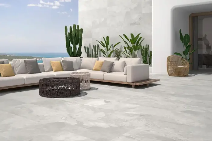 Fliese Steinoptik rustikal grau „Bor Perla“ rektifiziert