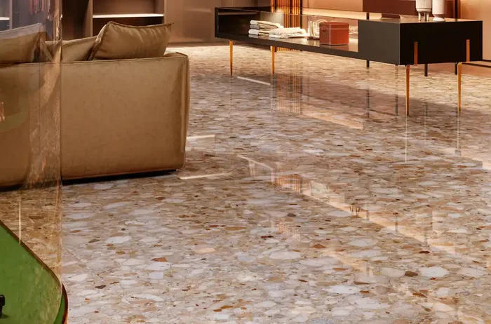 Fliese Terrazzo-Steinoptik beige glänzend 60×120 cm „Veni Gold“ rektifiziert