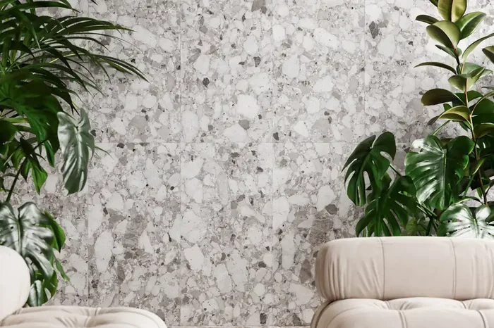 Fliese Terrazzo-Steinoptik grau matt 60×120 cm „Venistone Grey“ rektifiziert