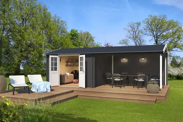 Lasita Maja Amarillo Holz-Gartenhaus Blockhaus 28mm Anbau, 710×330, Carbongrau