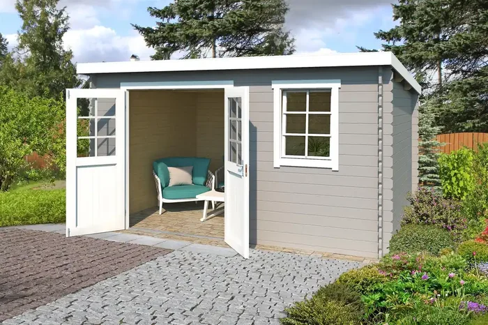 Lasita Maja Amira 275 Holz-Gartenhaus Blockhaus 28mm, 380×275, Lichtgrau
