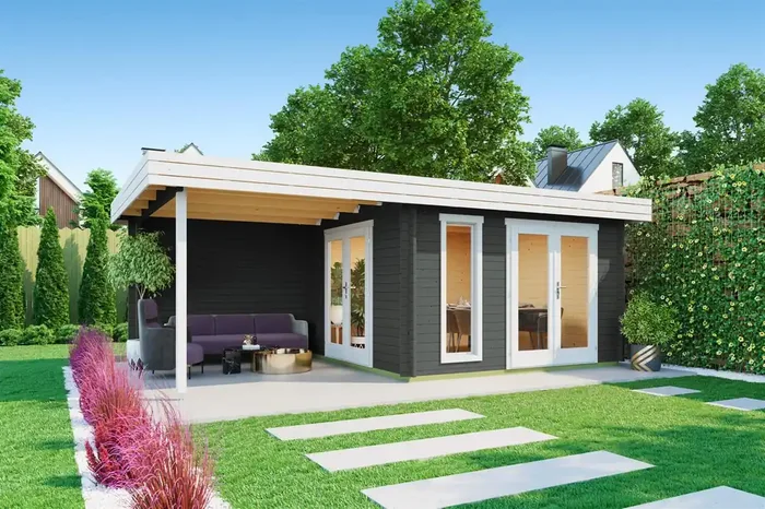 Lasita Maja Anders Gartenhaus Blockhaus 44mm mit Anbau, 360×360, Carbongrau