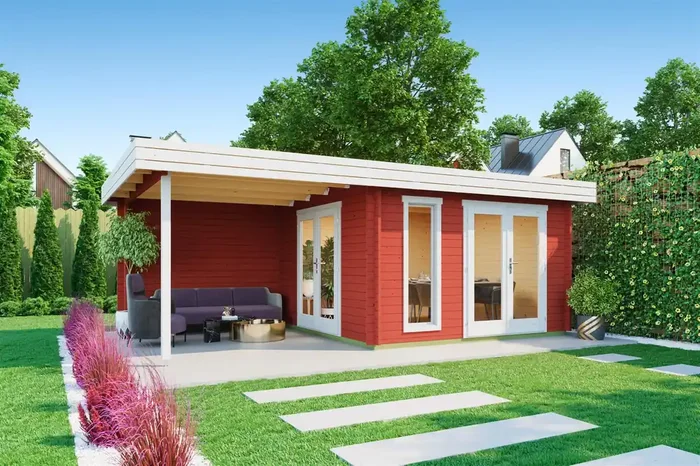 Lasita Maja Anders Gartenhaus Blockhaus 44mm mit Anbau, 360×360, Schwedenrot