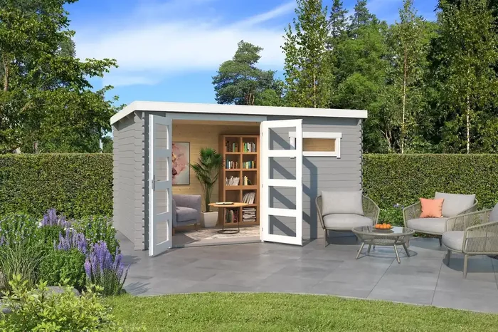 Lasita Maja Augusta Holz-Gartenhaus Blockhaus 28mm, 380×230, Lichtgrau