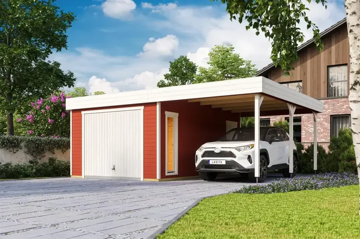 Lasita Maja Bahamas Set mit Schwingtor Garage 44mm mit Dachanbau, 660 x 540, Schwedenrot