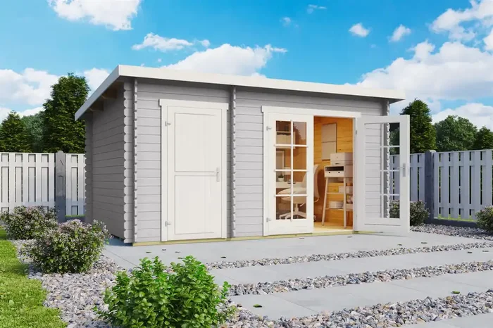 Lasita Maja Belmont 1 Holz-Gartenhaus Blockhaus 28mm, 2-Raum, 380×250, Lichtgrau