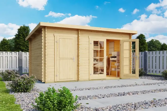 Lasita Maja Belmont 1 Holz-Gartenhaus Blockhaus 28mm, 2-Raum, 380×250, Naturbelassen