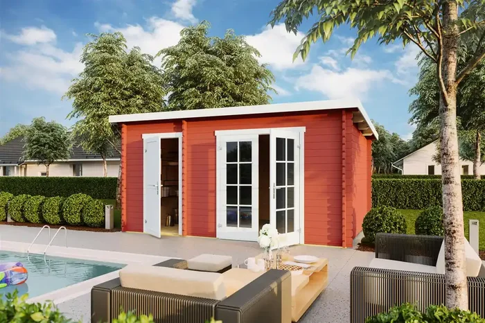 Lasita Maja Belmont 2 Holz-Gartenhaus Blockhaus 34mm, 2-Raum, 425×280, Schwedenrot