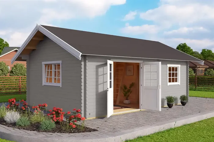 Lasita Maja Caroline Set Silber Gartenhaus Blockhaus 40 mm 3-Raum, 575 x 390, Lichtgrau