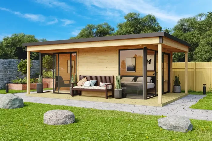Lasita Maja Domeo 3 Loggia Gartenhaus Blockhaus 44 mm mit Überdachung , Position der Zwischenwand flexibel, 589 x 402, Naturbelassen