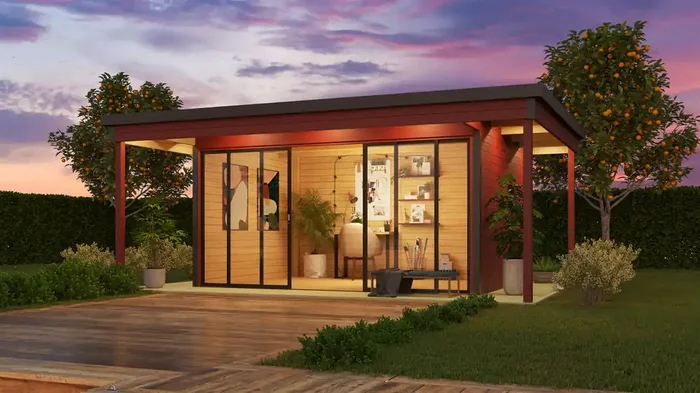 Lasita Maja Domeo 4 Loggia Gartenhaus Blockhaus 44 mm mit Überdachung, 578 x 402, Schwedenrot