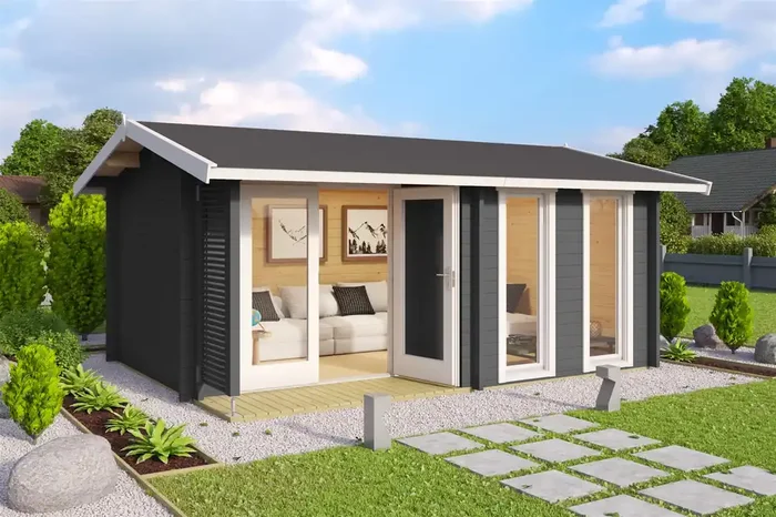 Lasita Maja Hampshire Gartenhaus Blockhaus 44 mm mit überdachte Terrasse, 420 x 300, Carbongrau