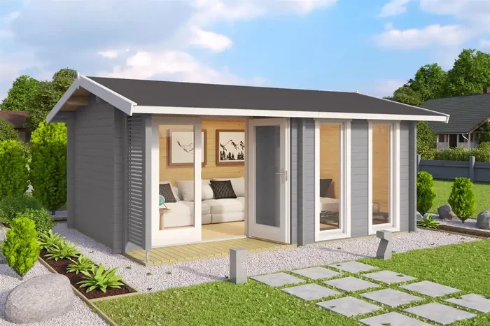 Lasita Maja Hampshire Gartenhaus Blockhaus 44 mm mit überdachte Terrasse, 420 x 300, Lichtgrau