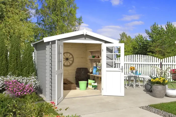 Lasita Maja Ingo 230 Holz-Gartenhaus Blockhaus 28mm, 230×230, Lichtgrau