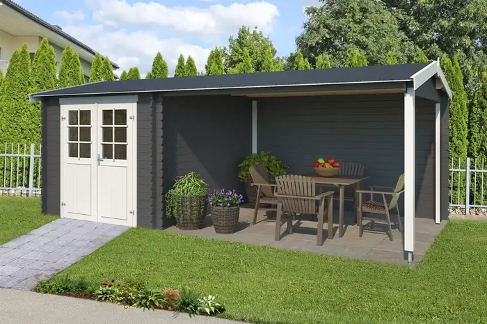 Lasita Maja Ivana Holz-Gartenhaus Blockhaus mit Anbau 28mm, 570×275, Carbongrau