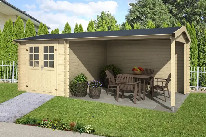 Lasita Maja Ivana Holz-Gartenhaus Blockhaus mit Anbau 28mm, 570×275, Naturbelassen