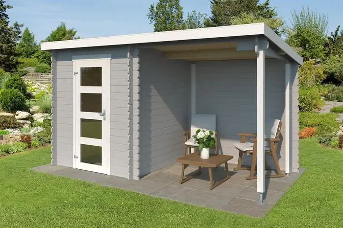 Lasita Maja Jelle Plus Holz-Gartenhaus Blockhaus mit Anbau 28mm, 370×175, Lichtgrau
