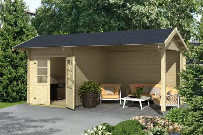 Lasita Maja Kenzo Holz-Gartenhaus Blockhaus mit Anbau 34mm, 540×300, Naturbelassen