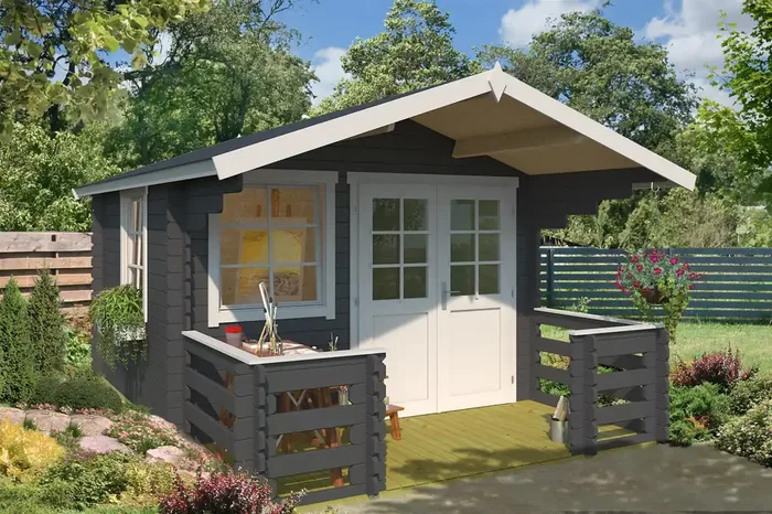 Lasita Maja Lola 2 Holz-Gartenhaus Blockhaus mit Terrasse und Geländer 28mm, 300×300, Carbongrau