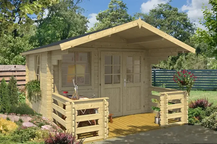 Lasita Maja Lola 2 Holz-Gartenhaus Blockhaus mit Terrasse und Geländer 28mm, 300×300, Naturbelassen