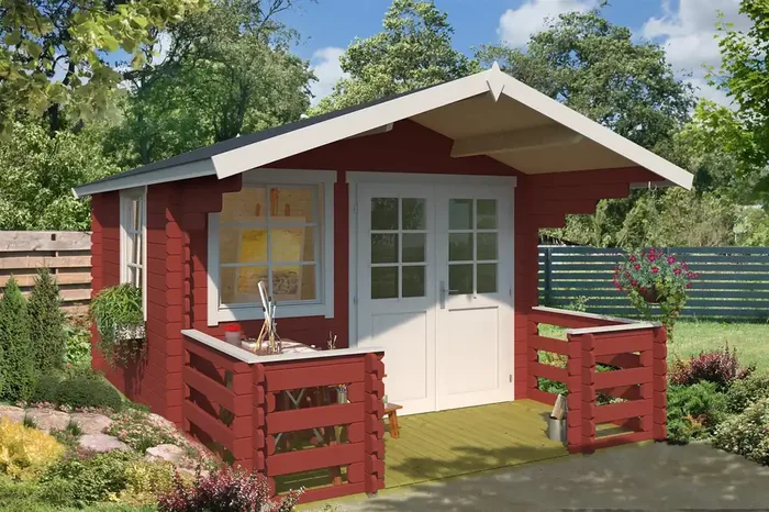 Lasita Maja Lola 2 Holz-Gartenhaus Blockhaus mit Terrasse und Geländer 28mm, 300×300, Schwedenrot