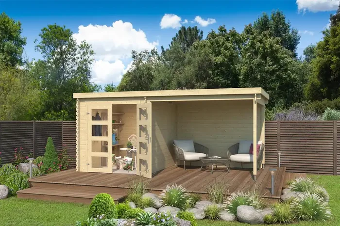 Lasita Maja Long Beach Holz-Gartenhaus Blockhaus 28mm Anbau, 472×230, Naturbelassen