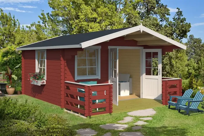 Lasita Maja Luna 2 Holz-Gartenhaus Blockhaus mit Terrasse und Geländer 28mm, 360×360, Schwedenrot