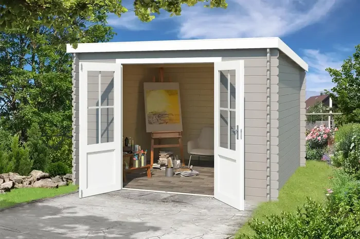 Lasita Maja Miami Holz-Gartenhaus Blockhaus 28mm, 292×292, Lichtgrau