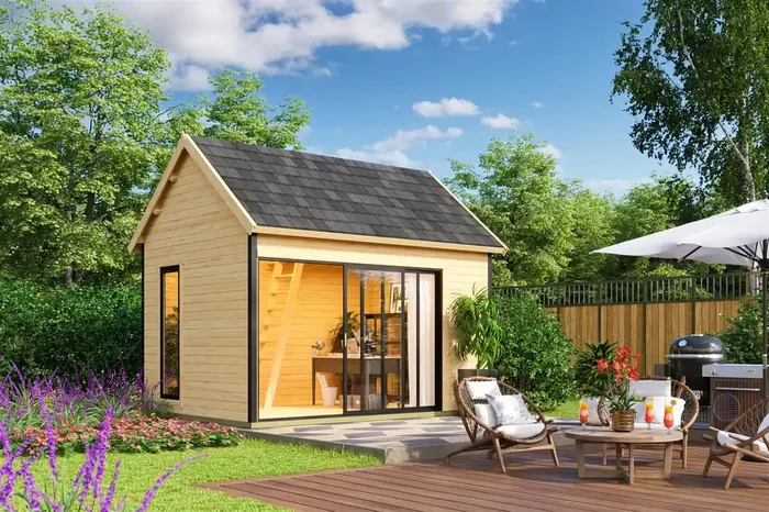 Lasita Maja Murano 2 Set Gartenhaus Blockhaus 44mm, mit Schlafboden, Fundamentmass 410×300, Naturbelassen