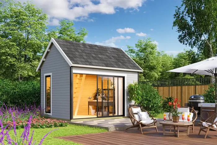 Lasita Maja Murano 2 Set Gartenhaus Blockhaus 44mm, mit Schlafboden, Fundamentmass 410×300, Lichtgrau