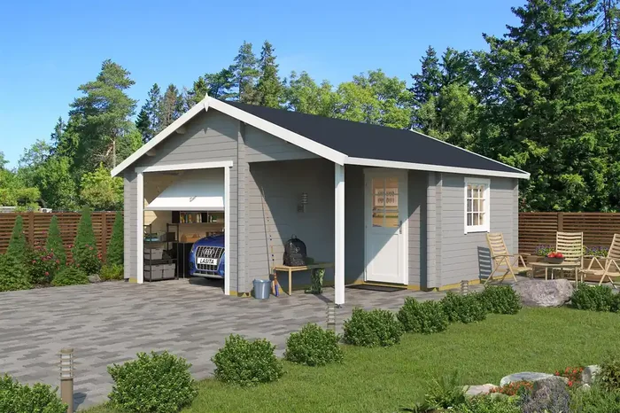 Lasita Maja Nevis Set mit Schwingtor Garage 44 mm, 500 x 550, Lichtgrau