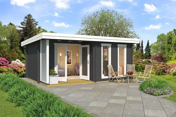 Lasita Maja Orkney Gartenhaus Blockhaus 44 mm mit überdachte Terrasse, 520 x 390, Carbongrau
