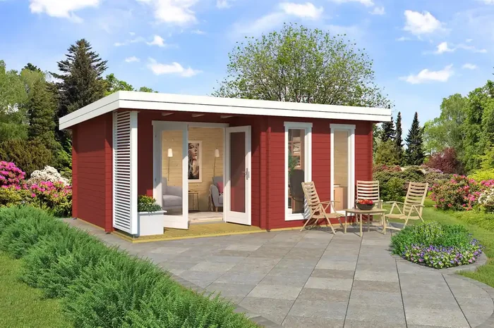 Lasita Maja Orkney Gartenhaus Blockhaus 44 mm mit überdachte Terrasse, 520 x 390, Schwedenrot